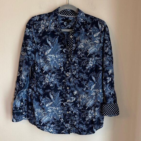 Talbots Navy Floral mixed print casual Button Down Shirt polka dots women SM EUC - Picture 2 of 10